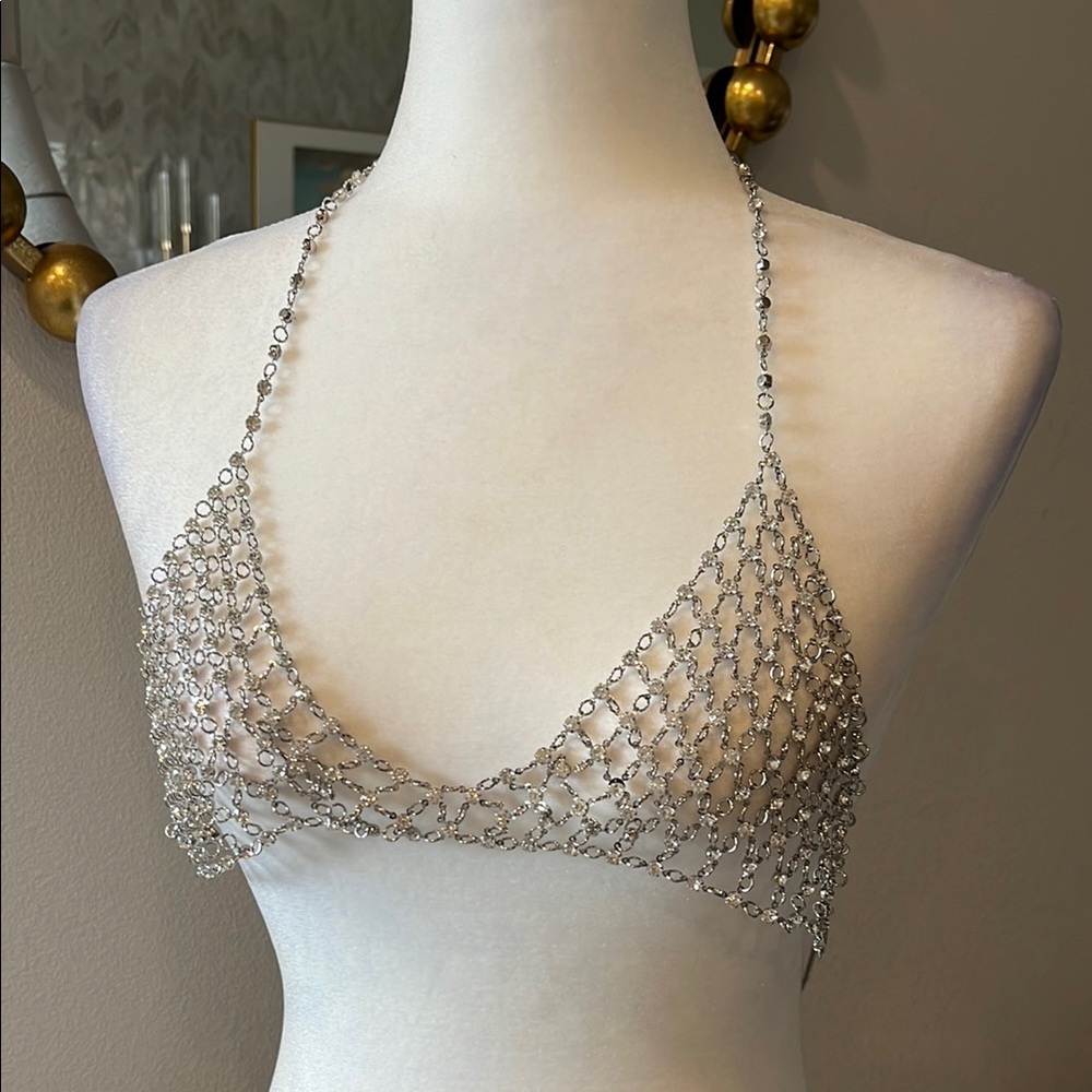 Silver Rhinestone Mesh Bikini Top - Women Swim Bikini